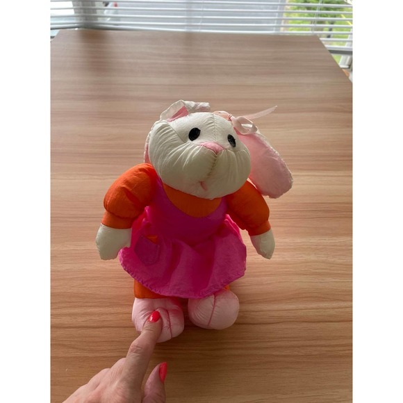 Vintage Plush Rabbit Bunny Pink Orange Stuffed Animal Toy Baby - Picture 2 of 7